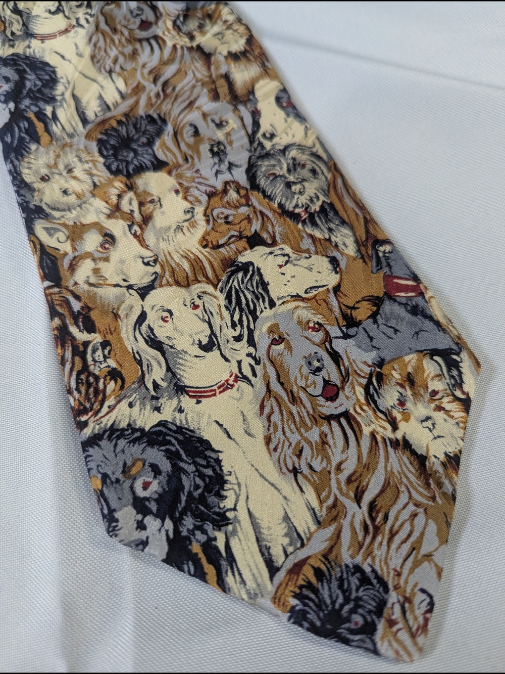 Museum Artifacts - Novelty Dog Print Silk Tie in Cream and Brown Tones